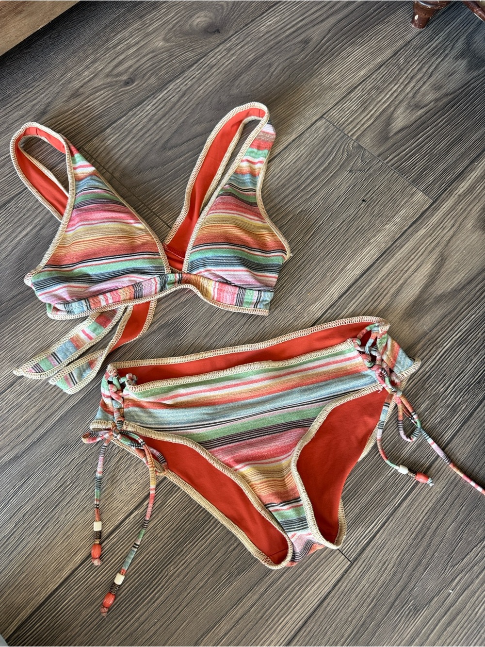 BECCA Multicolor Striped  Two-Piece Bikini with Coral Accents size medium